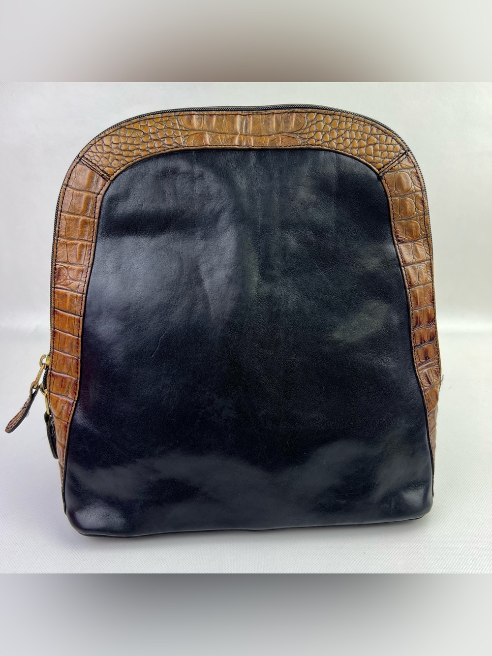 VTG Brahmin Leather Black Brown Croc Print Straps Tuscan Backpack Purse